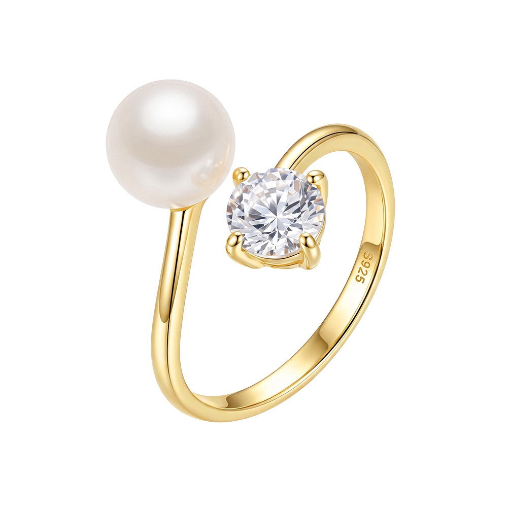 Kemstone Pearl Open Ring for Women 925 Sterling Silver Cubic Zirconia PSR01