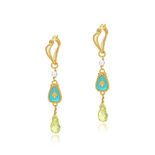 Pendientes colgantes de peridoto esmaltado, diseño original, hechos a mano por Kemstone para mujer - Plata S925 con baño de oro de 10 quilates