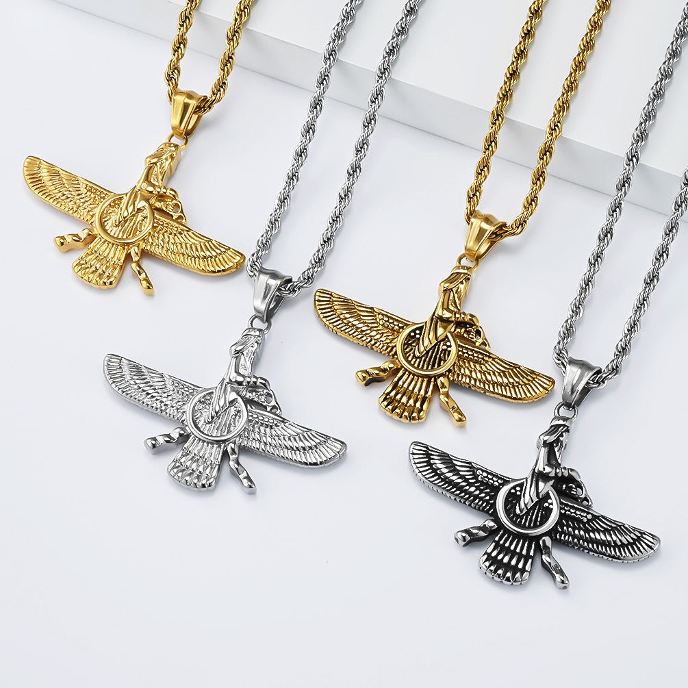 Kemstone Stainless Steel Faravahar Pendant Necklace – Persian Symbol for Men K-PT678