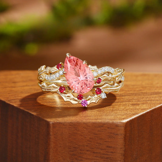 Kemstone Pink Sapphire Floral Ring Set for Women – Pear Shaped Gemstone Stackable Ring in S925 Sterling Silver 18K Gold Plated T7-YC0324RS