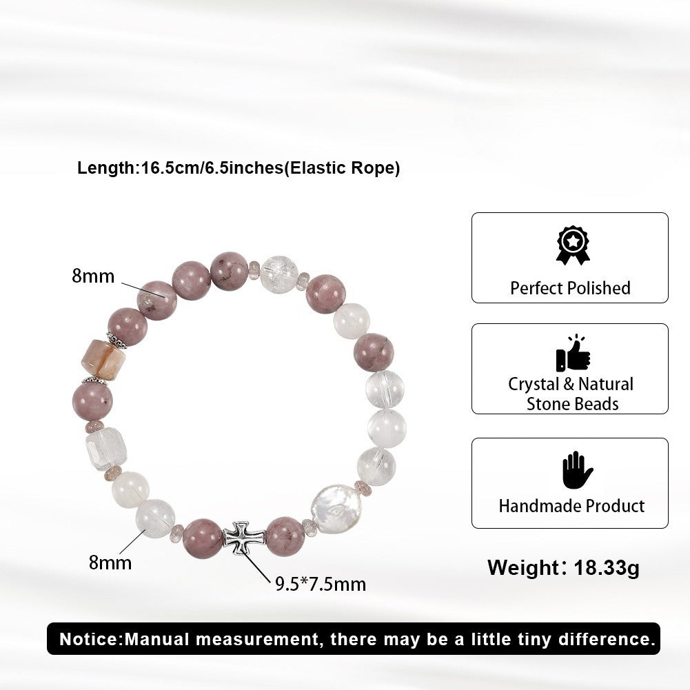 Kemston Pink Natural Stone Bracelet for Women Strawberry Quartz Cross Charm GMB96