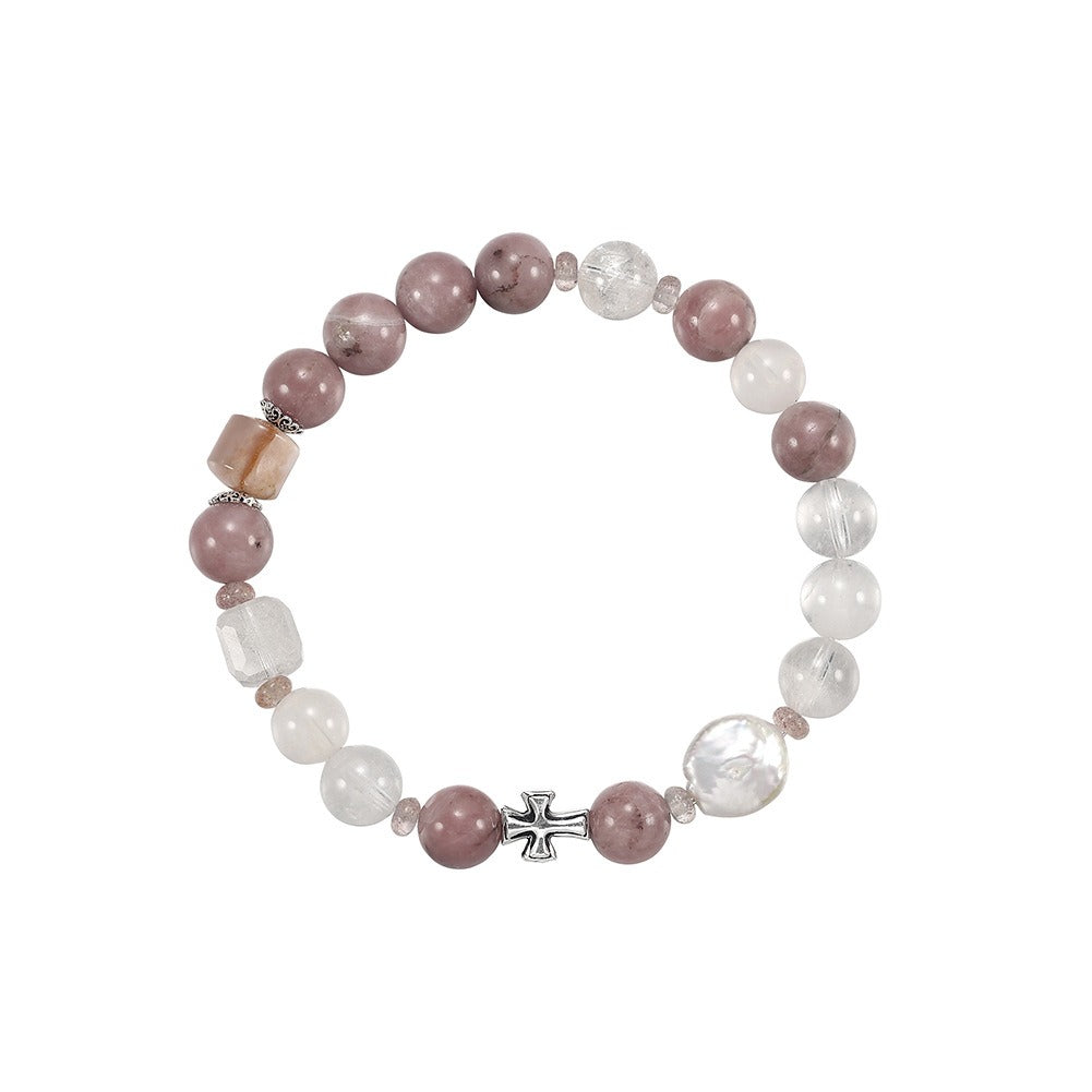 Kemston Pink Natural Stone Bracelet for Women Strawberry Quartz Cross Charm GMB96