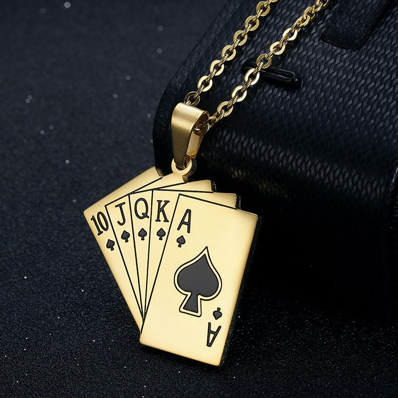 Kemstone Titanium Steel Playing Card Pendant Necklace for Men Five-Card Spade TN0387