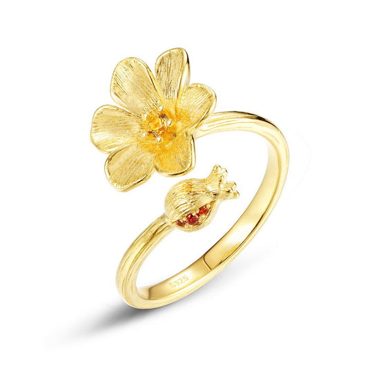 Kemstone Pomegranate Flower Ring – Adjustable 925 Silver 10K Gold Plated Handmade Floral Jewelry for Women