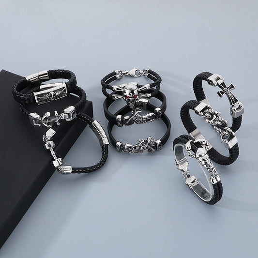 Kemstone Stainless Steel Skull Anchor Braided Leather Cuff Bracelet Punk Biker Style KB53392-K