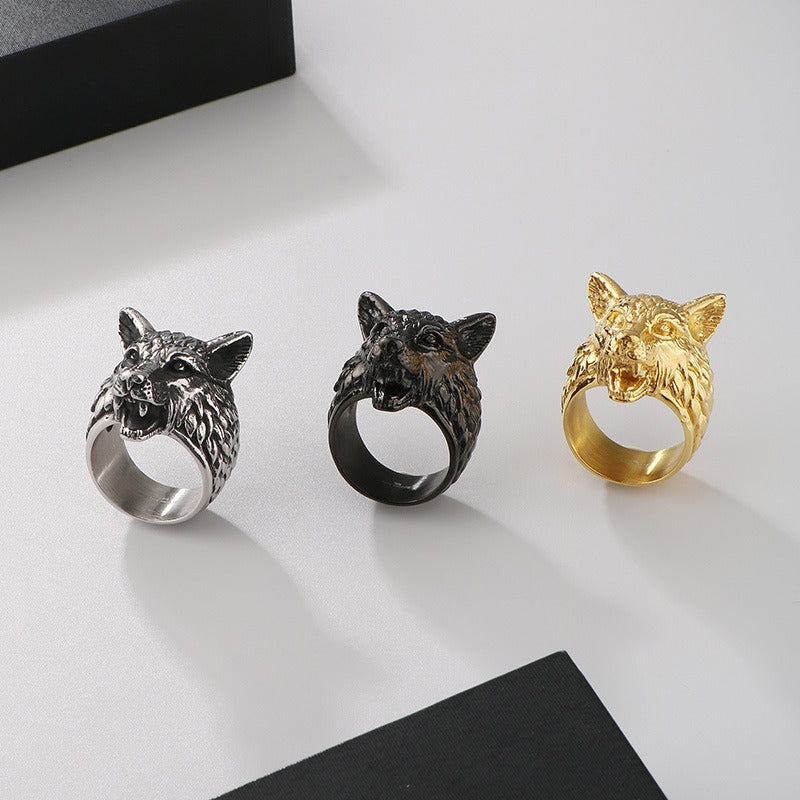 Kemstone Viking Wolf Head Ring – Distressed Stainless Steel Punk Men's Jewelry KR111182-KJX