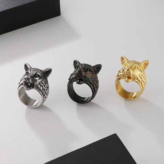 Kemstone Viking Wolf Head Ring – Distressed Stainless Steel Punk Men's Jewelry KR111182-KJX