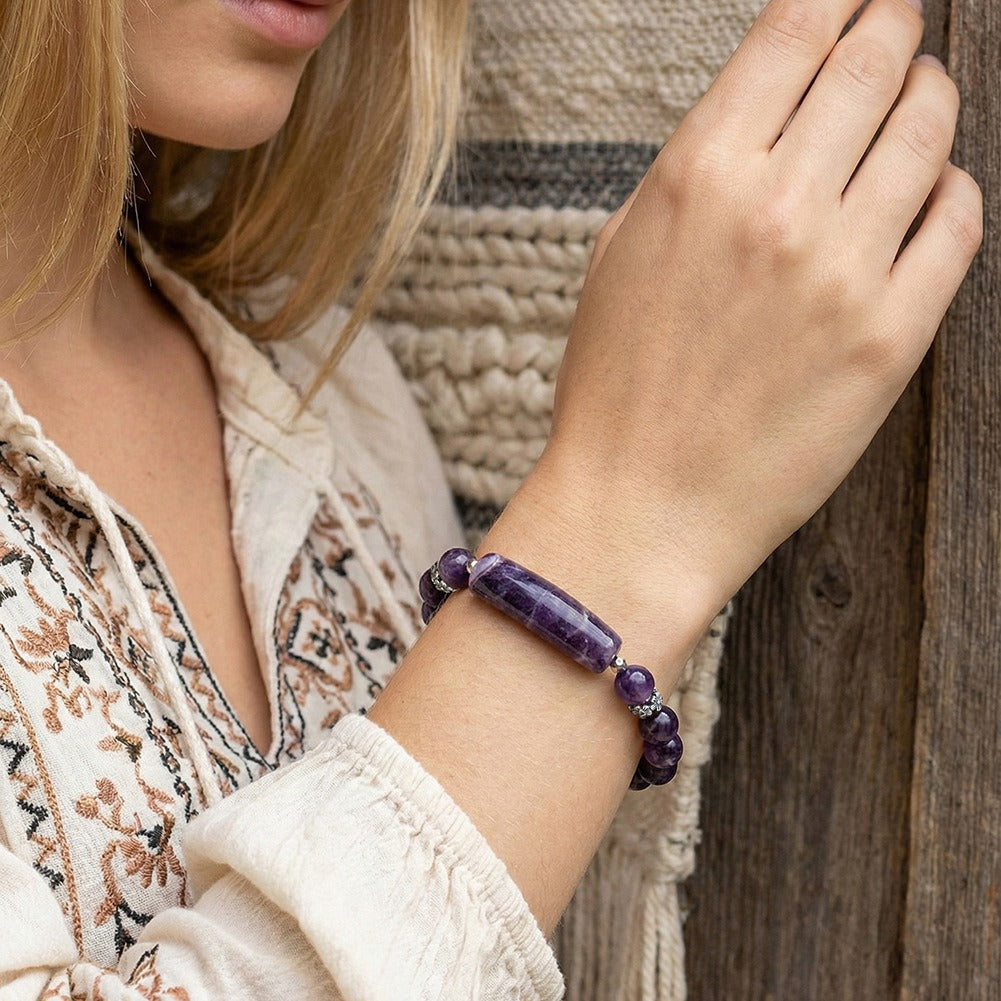 Kemston Amethyst Beaded Bracelet for Women Curved Stone Center Adjustable Cord GMB102