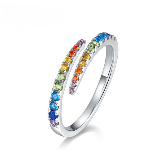 Anillo arcoíris geométrico minimalista de diseño original hecho a mano por Kemstone - Ajustable - Plata S925 - Platino