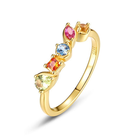 Anillo geométrico arcoíris de plata de ley S925 con diseño original artesanal de Kemstone y nanocircón - Joyería bañada en oro