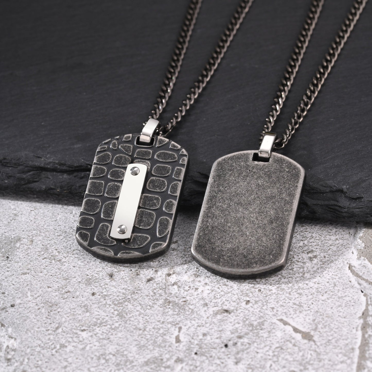 Kemston Textured Rectangular Pendant Necklace for Men Stainless Steel Polished Bar PN-2396GR