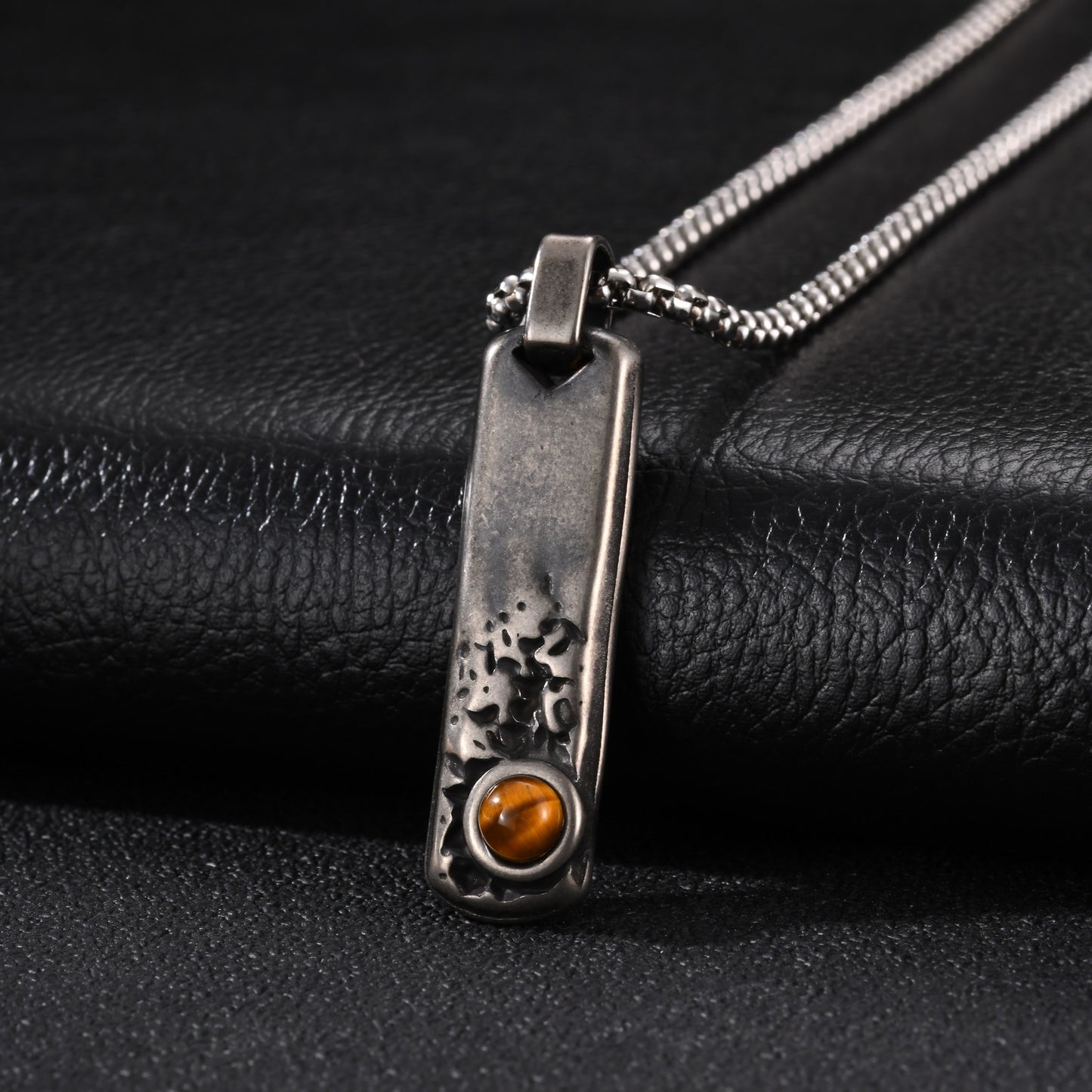 Kemstone Rectangular Tiger Eye Pendant Necklace for Men Stainless Steel Vintage Detail PN2384