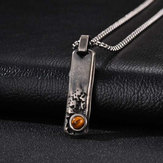 Kemstone Rectangular Tiger Eye Pendant Necklace for Men Stainless Steel Vintage Detail PN2384