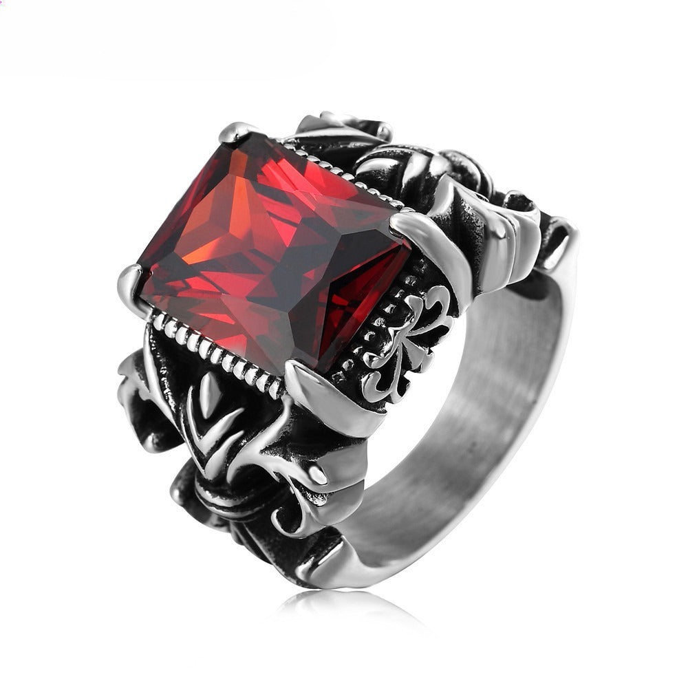 Kemstone Red Stone Statement Ring for Men Titanium Steel Vintage R0053