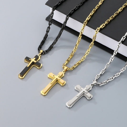 Kemstone Titanium Steel Vintage Bamboo Chain Necklace – Triple Cross Pendant for Men KN288587-K