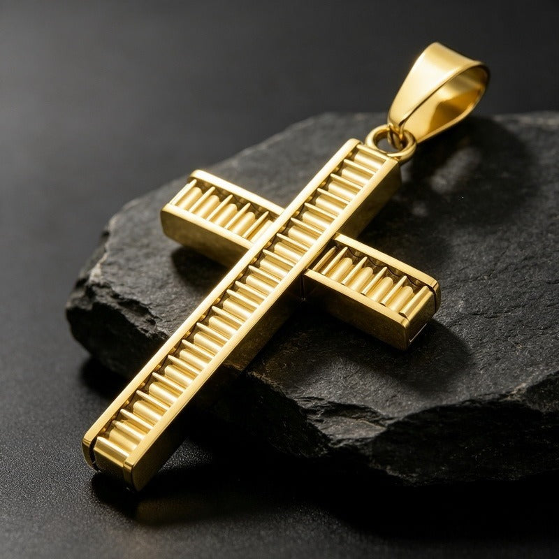 Kemstone Layered Cross Pendant Necklace for Men Stainless Steel Ribbed Design KP119486-HR