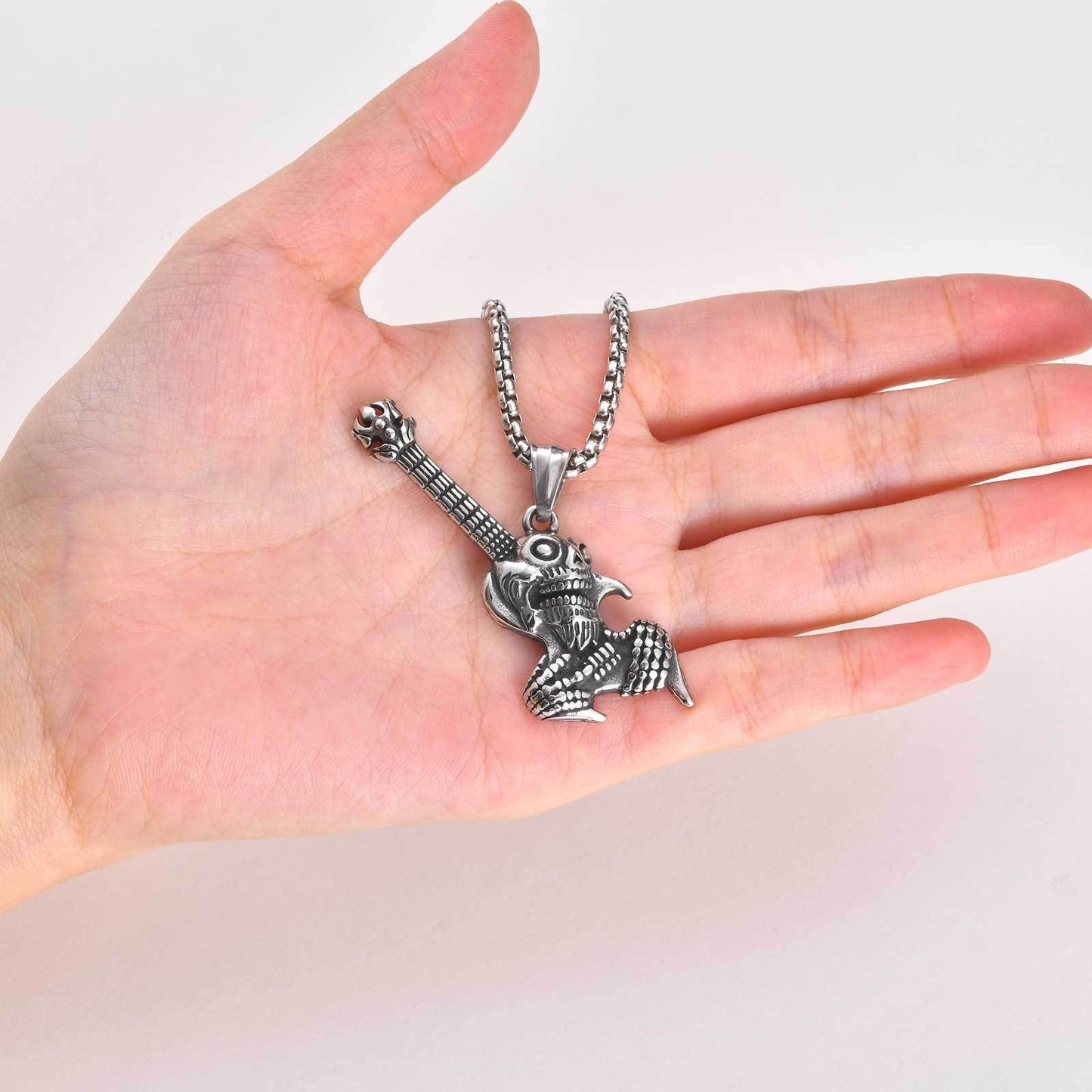 Kemston Skull Guitar Pendant Necklace for Men Stainless Steel Rock Style PN-2461