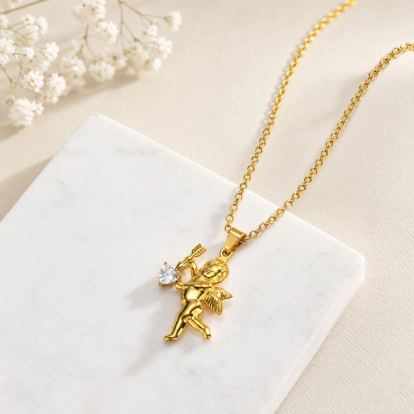 Kemstone Cupid Pendant Necklace for Men & Women Gold Plated Stainless Steel Heart Accent PN-2279