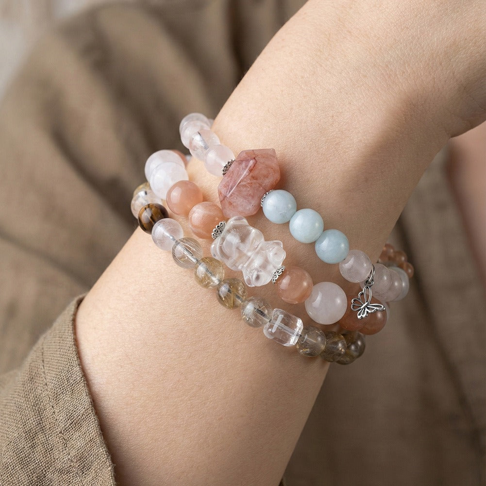 Kemston Mixed Natural Stone Bracelet for Women Red Phantom Quartz Butterfly Charm GMB93