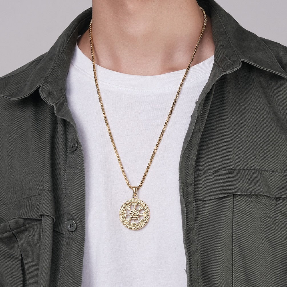 Kemstone Rune Disc Pendant Necklace for Men Stainless Steel K-PT377