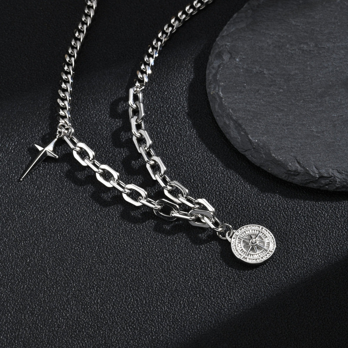 Kemstone Compass Necklace for Men Stainless Steel Mixed Link NC-3281