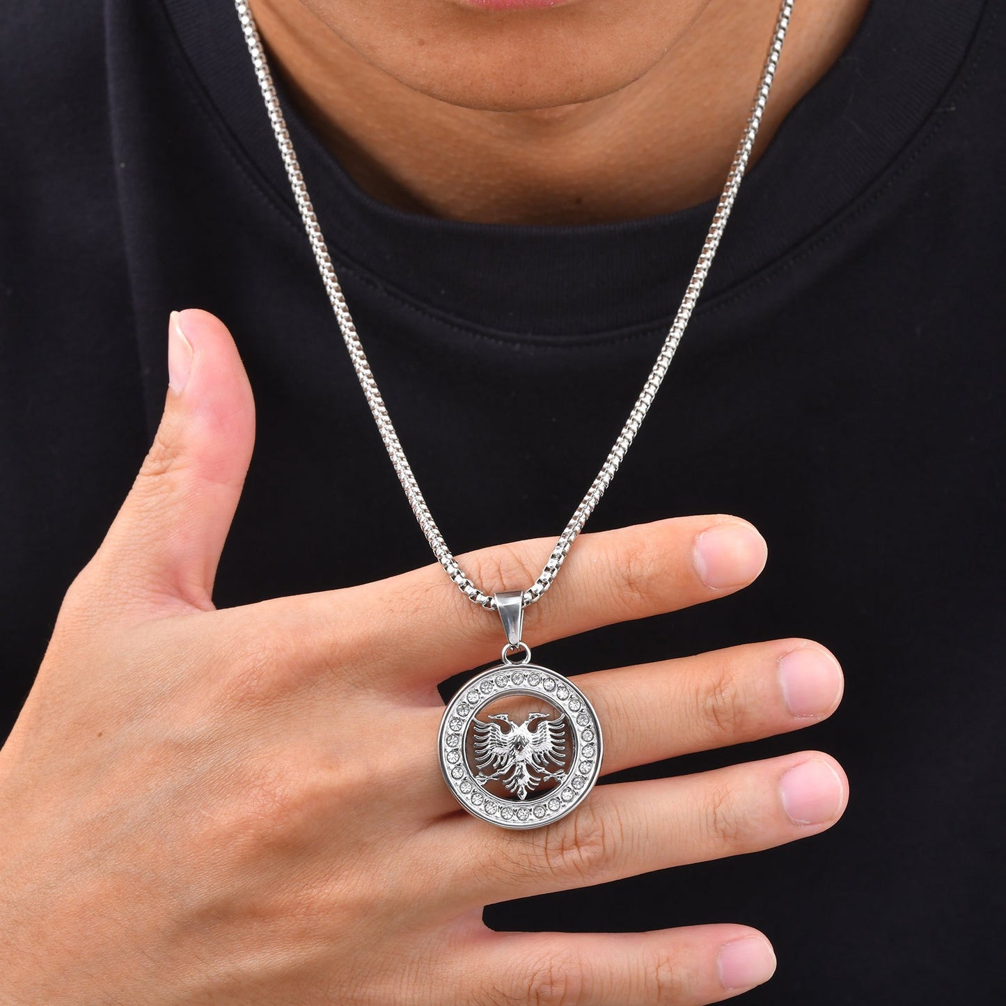 Kemstone Double Headed Eagle Pendant Necklace for Men Stainless Steel Round Medallion PN-2427