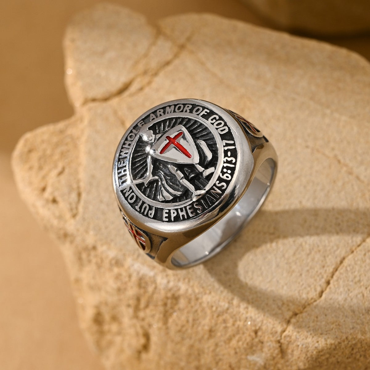 Kemstone Cross Shield Ring for Men Stainless Steel Engraved Emblem TR0528