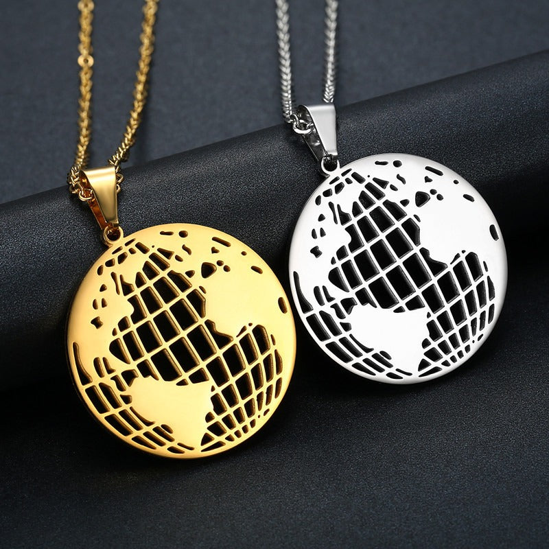 Kemston World Map Pendant Necklace for Men 316L Stainless Steel Openwork TN0186