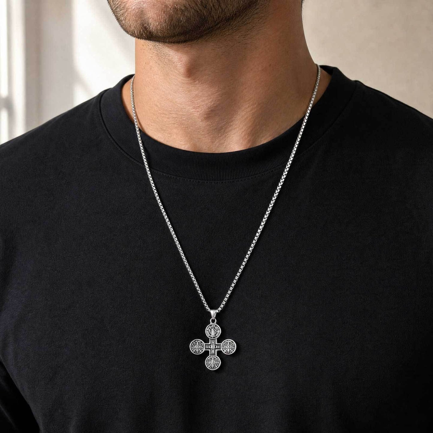 Kemston Engraved Cross Pendant Necklace for Men Stainless Steel Round Vintage PN-2409