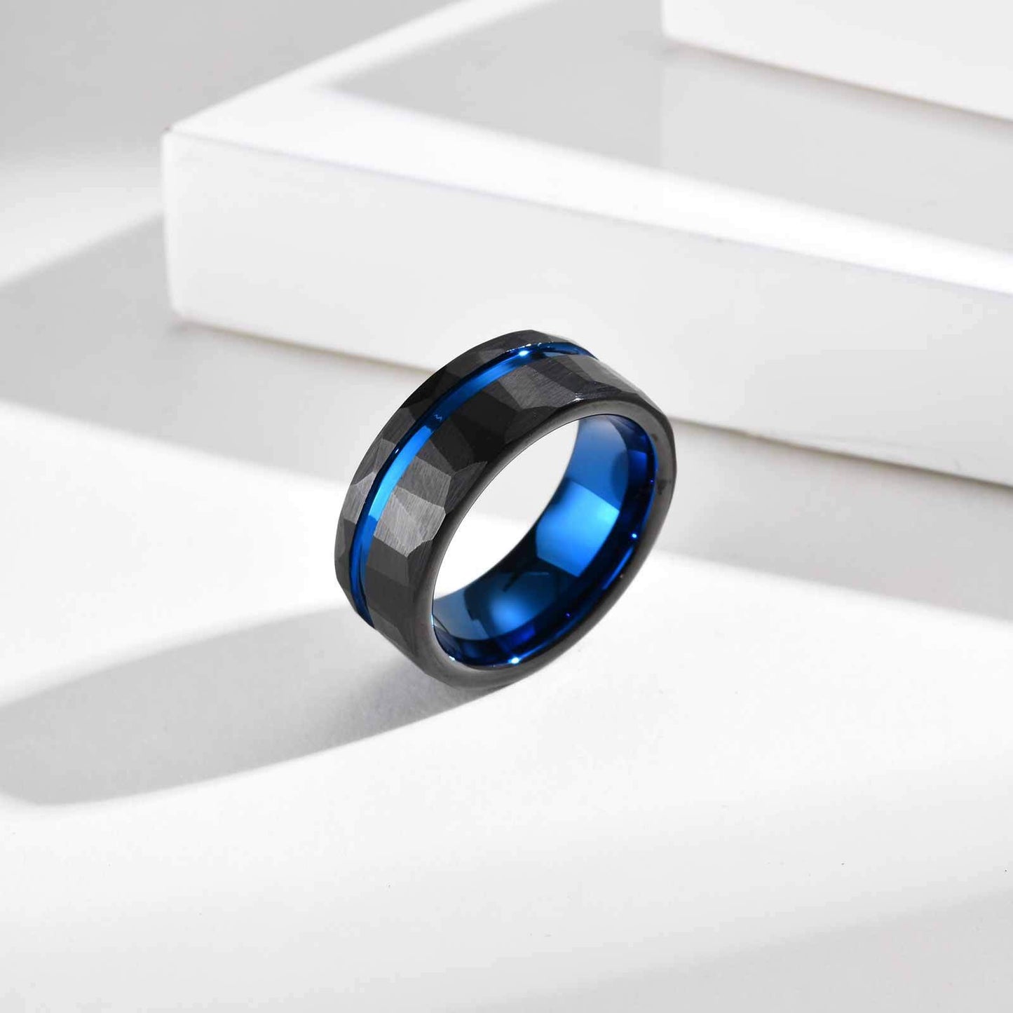Kemstone Tungsten Carbide Hammered Ring – 8mm Black Brushed Band for Men TCR-104