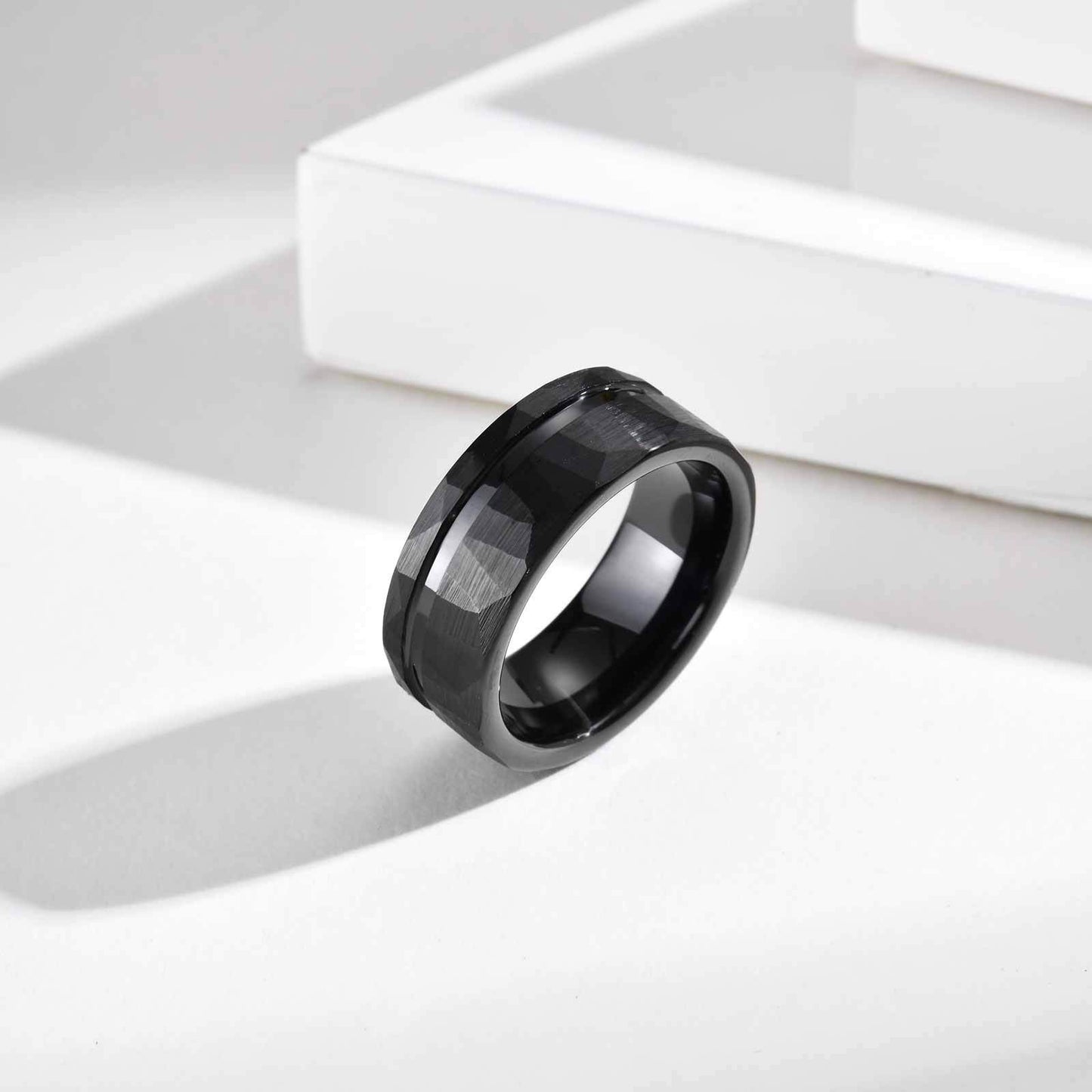 Kemstone Tungsten Carbide Hammered Ring – 8mm Black Brushed Band for Men TCR-104