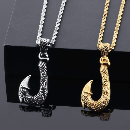 Kemstone Viking Fishhook Pendant Necklace – Rustic Titanium Steel for Men KP130377