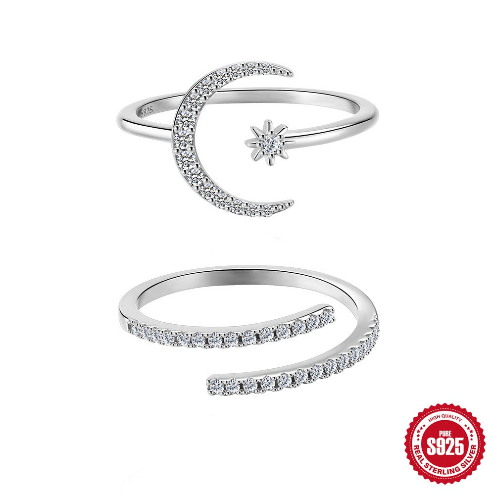 Kemstone S925 Sterling Silver Moon & Star Ring for Women – Adjustable Open Moissanite Stackable MG60100351904A