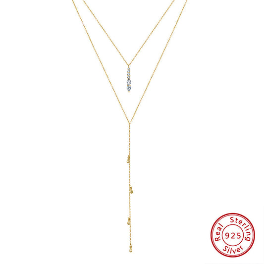 Kemstone S925 Sterling Silver Lariat Pendant Double Layer Necklace for Women – Dainty Y & Drop Chain, Silver & Gold A4-BQN11