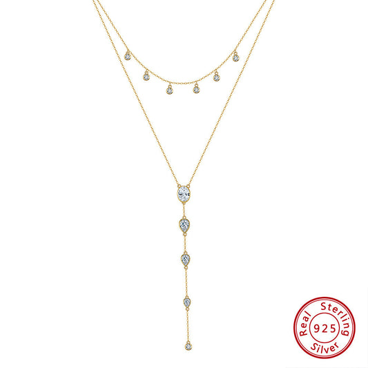 Kemstone S925 Sterling Silver Layered Lariat Necklace for Women – Elegant Y & CZ Chain Clavicle Jewelry, Silver & Gold A4-BQN16