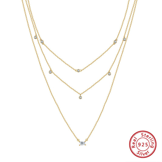 Kemstone S925 Sterling Silver Triple Layer Geometric CZ Necklace for Women – Dainty Layered Clavicle Chain, Silver & Gold A4-BQN10