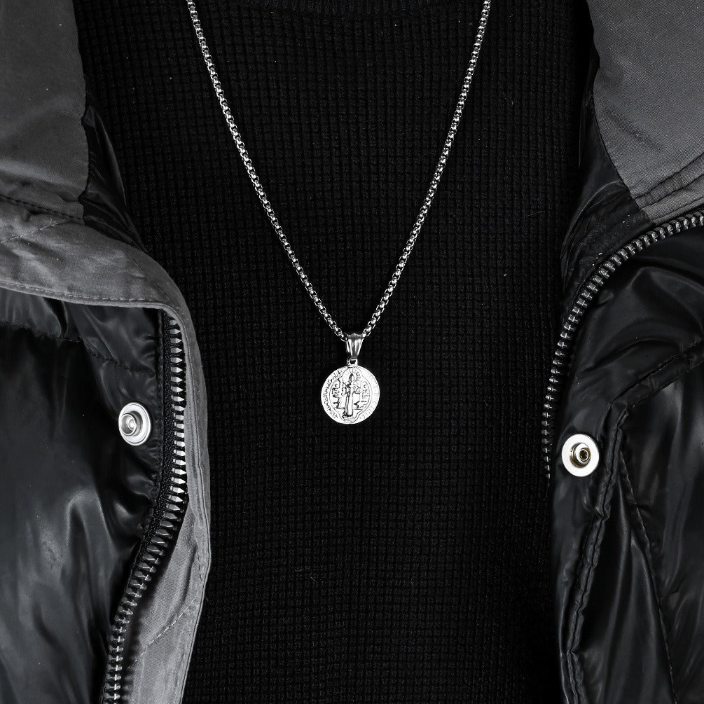 Kemstone Stainless Steel Saint Benedict Exorcism Coin Pendant Necklace for Men K-PT549