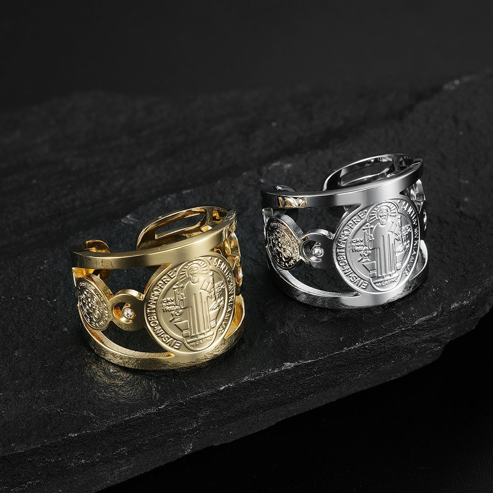 Kemstone Stainless Steel Saint Benedict Open Cuff Ring for Men K-R660