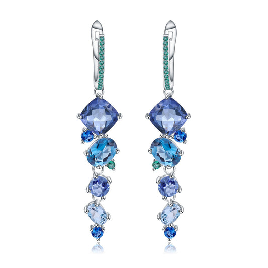 Pendientes colgantes de zafiro y topacio de diseño original hechos a mano por Kemstone en plata de ley 925. Pendientes de piedras preciosas para mujer.
