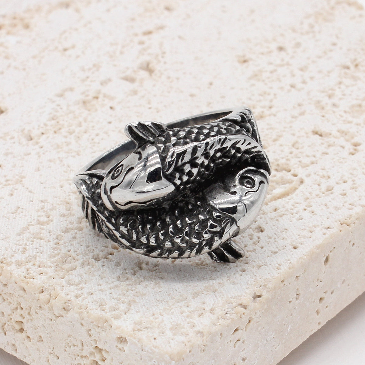 Kemstone Titanium Steel Sculpted Koi Fish Ring for Men R1075