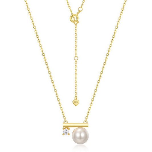 Collar con colgante de concha, perla y circonita, diseño original artesanal de Kemstone, plata de ley S925 con baño de oro de 10 quilates.