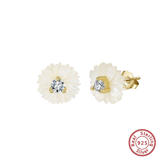 Kemstone Shell Flower Stud Earrings for Women – 925 Sterling Silver with Cubic Zirconia PSE10