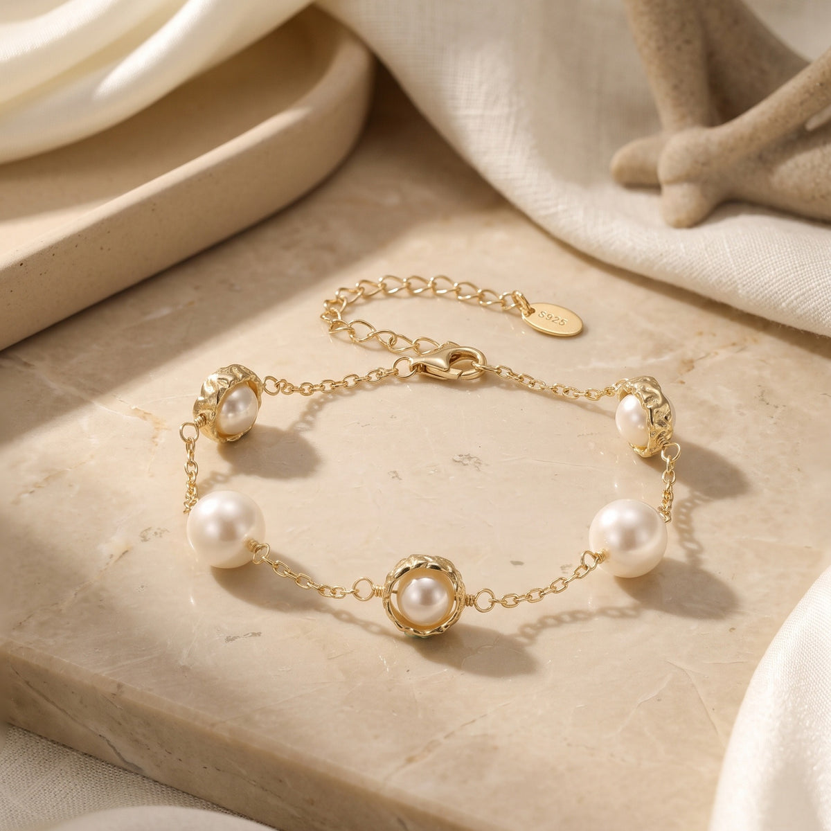 Kemston Spaced Shell Pearl Bracelet for Women 925 Sterling Silver PSB14