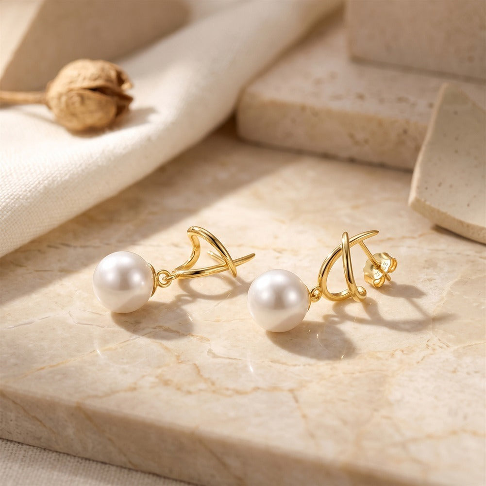Kemstone Pearl Drop Earrings for Women 925 Sterling Silver Curved Line Design PSE14