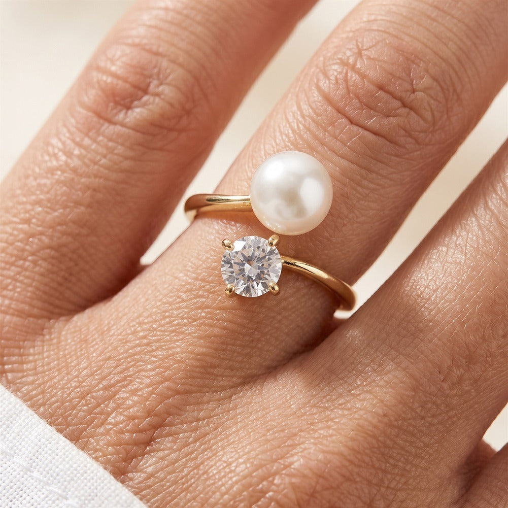 Kemstone Pearl Open Ring for Women 925 Sterling Silver Cubic Zirconia PSR01