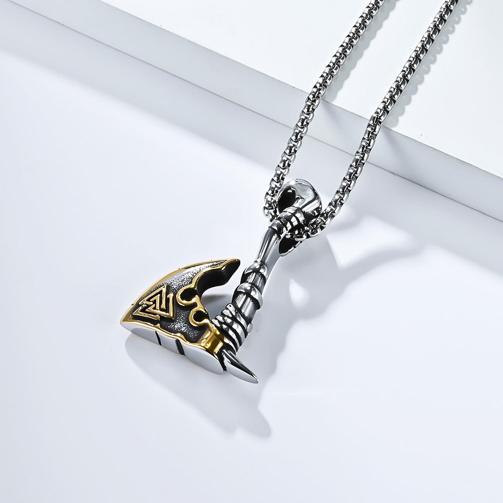 Kemstone Viking Triangle Knot Stainless Steel Axe Pendant Necklace for Men – Silver & Gold PT639