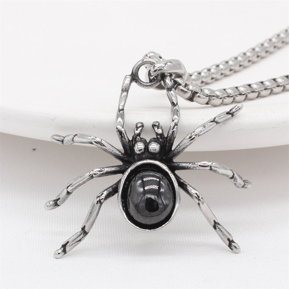 Kemstone Titanium Steel Spider Pendant Necklace for Men – Black & Red Stone Options P1412