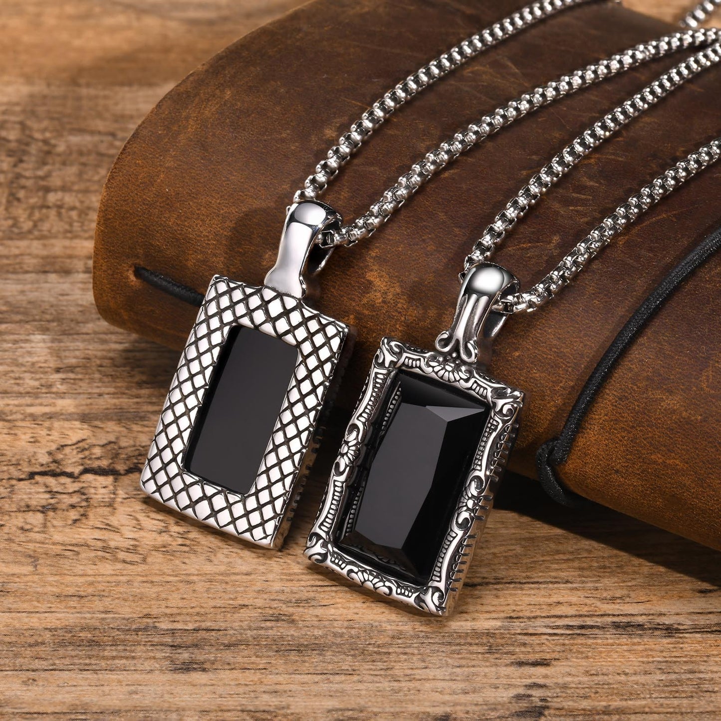 Kemstone Stainless Steel Black Glass Square Pendant Necklace for Men – Vintage Ornate Frame PN-1907