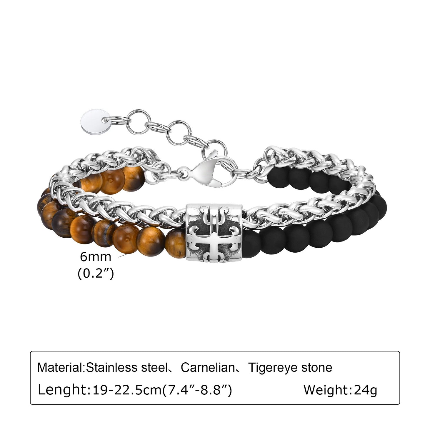 Kemstone Stainless Steel Double Layer Cross Beaded Bracelet for Men – Tiger Eye & Black Agate BR-1902