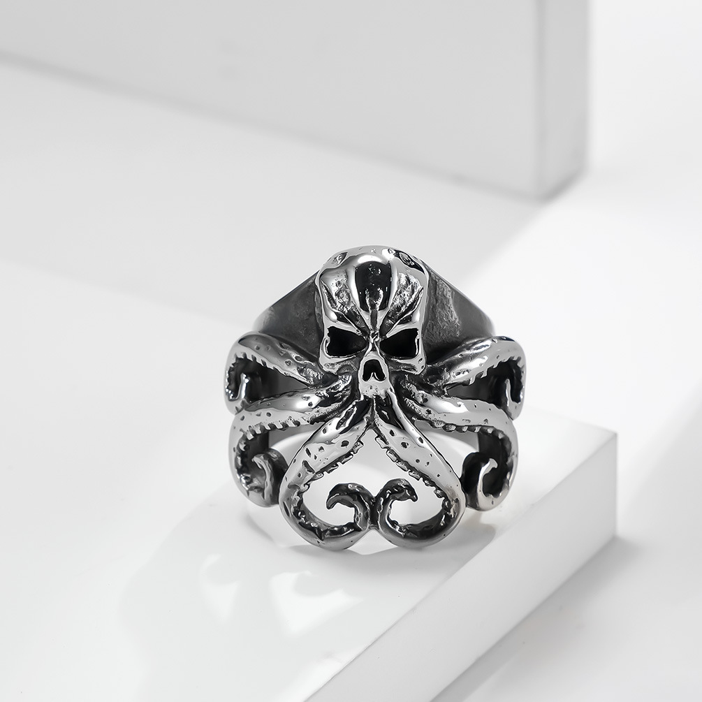 Kemstone Octopus Relief Stainless Steel Ring for Men – Vintage Oxidized Texture KR590